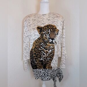 1980s Julie Francis Dolman Silk Blouse with Hip Sash and‎ Leopard Print size 10